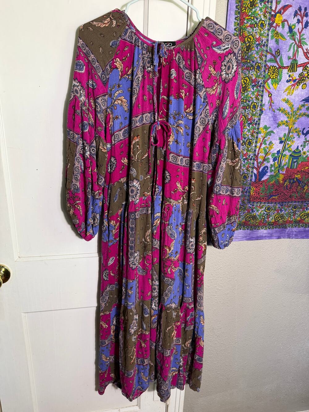 Gigio USA Boho Paisley Patchwork Midi Dress Small Oversized Balloon Sleeve